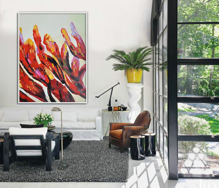 Large Abstract Painting On Canvas,Vertical Palette Knife Contemporary Art,Large Contemporary Art Canvas Painting,Grey,Red,Yellow.etc